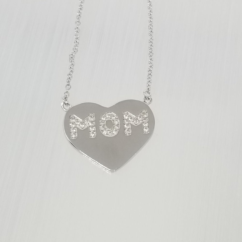 Sterling Silver Necklace Heart Charm With CZ "MOM"